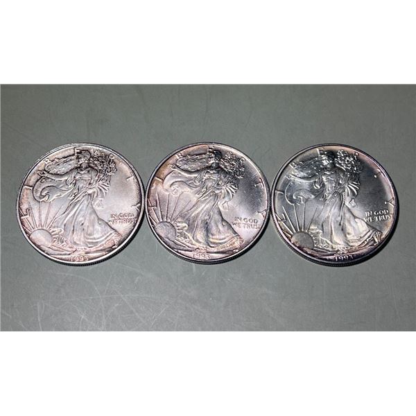 Lot of 3 - 1993 $1 American 1oz, 0.999 Pure Silver Eagle Rounds.
