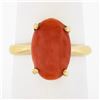 Image 1 : Vintage 14K Gold Elongated Oval Cabochon Pinkish-Orange Coral Solitaire Ring
