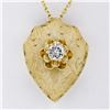 Image 2 : Vintage 14k Yellow Gold 0.40 ctw Diamond Hand Etched Shield Pendant Necklace