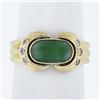Image 1 : Vintage Petite 14K Yellow Gold Cabochon Green Jade & Diamond Grooved Band Ring