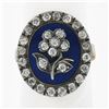 Image 1 : Antique Georgian Gold & Silver Oval Blue Enamel Old Cut Diamond Flower Halo Ring