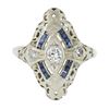Image 6 : Antique Art Deco 18K Gold .12 ctw Diamond & Sapphire Filigree Navette Dinner Rin
