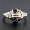 Image 2 : Vintage Retro 10K Gold Palladium .03 ctw Diamond & Sapphire Open Work Buckle Rin