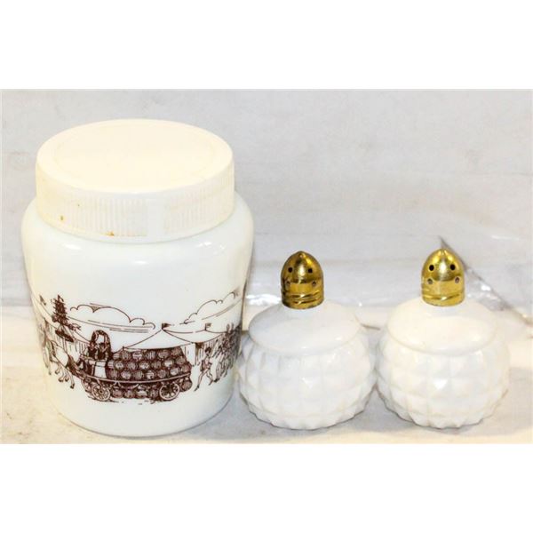 VINTAGE MILK MUSTARD JAR + MILK HOBNAIL SALT