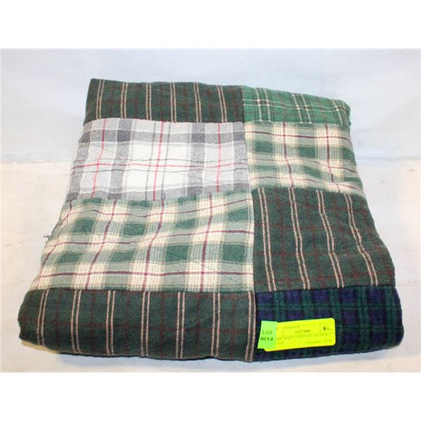 HOME-MADE GREEN PLAID QUILT 54"X40"