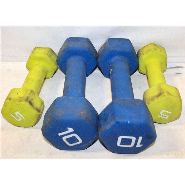 TWO 5LB & TWO 10LB DUMBELLS