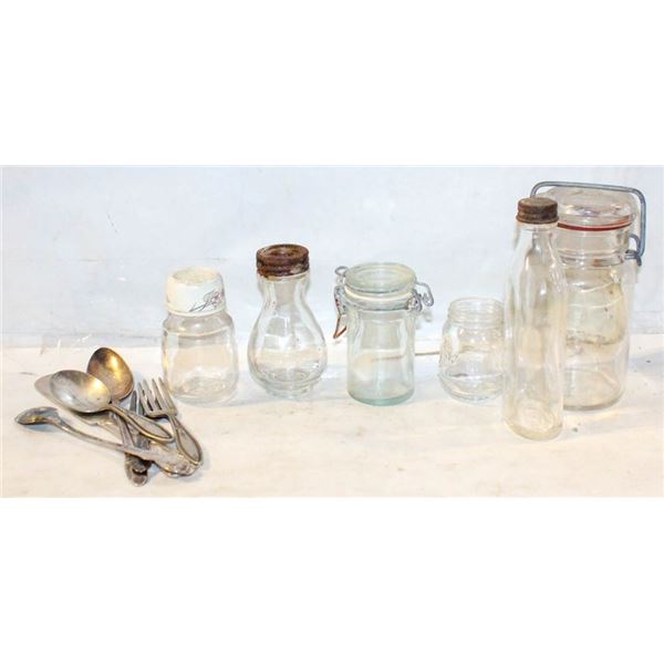 ANTIQUE GLASS JARS + ANTIQUE CUTLERY (ONE