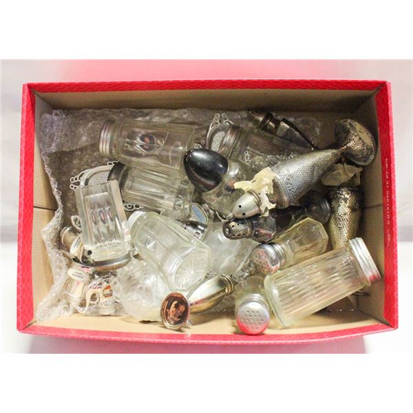 LOT OF METAL AND GLASS SALT AND PEPPER SHAKES