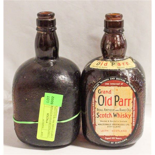2 VINTAGE GRAND OLD PARR EMPTY DARK BROWN GLASS