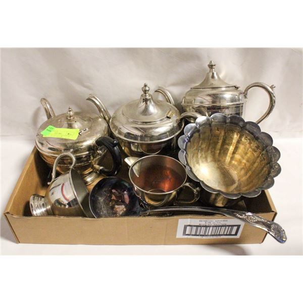 VINTAGE SILVER-COLOR COPPER TEAPOTS, CREAM, SUGAR,