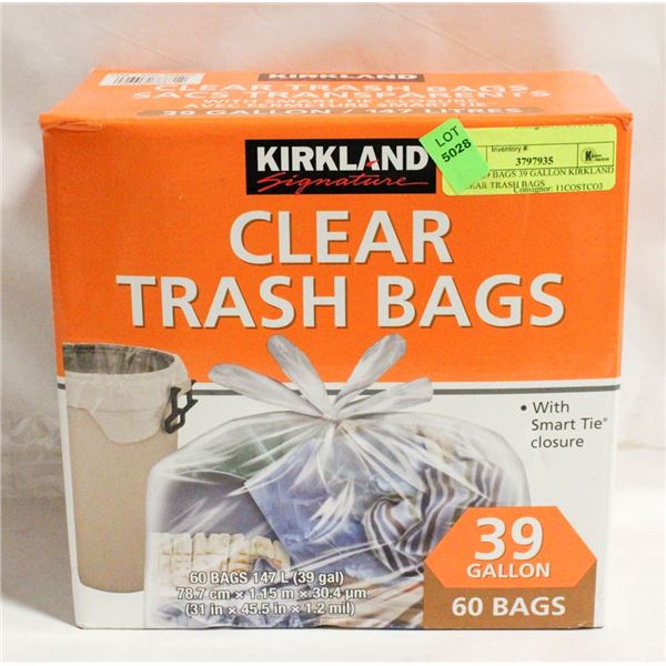 NEW 59 BAGS 39 GALLON KIRKLAND CLEAR TRASH BAGS