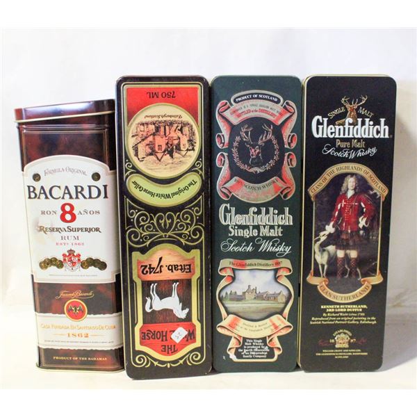 4 VARIOUS WHISKEY RUM TINS EMPTY