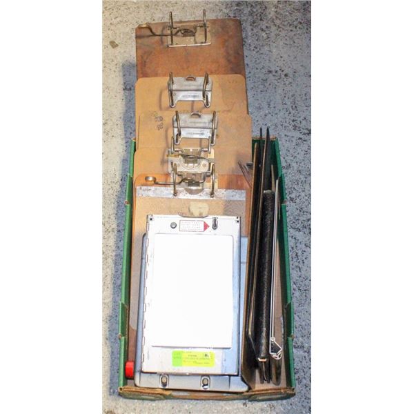 LOT OF CLIPBOARDS WITH METAL RECPEIT METAL CASE