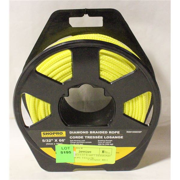 NEW SHOPRO 5/32 X 66FT DIAMOND BRAIDED ROPE YELLOW
