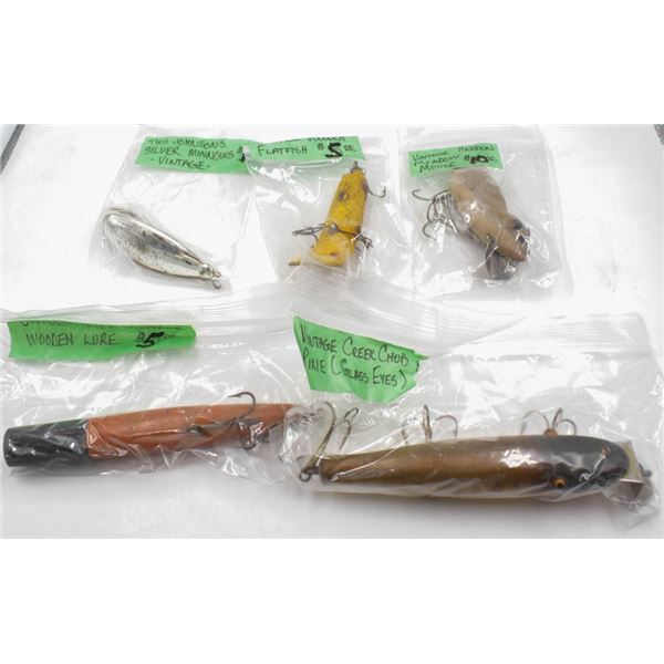 5 VINTAGE FISHING LURES INCLUDES MEADOW