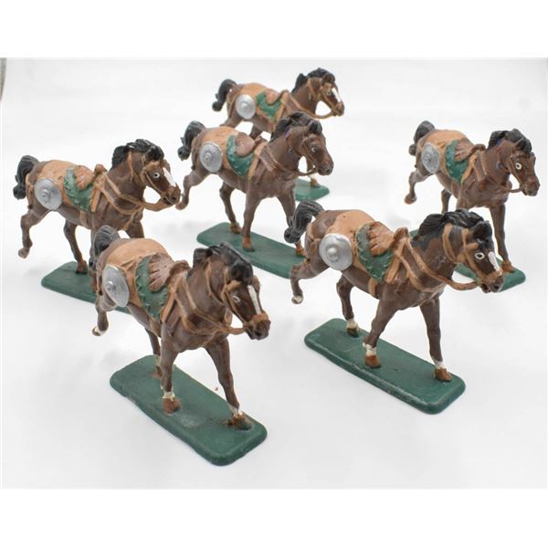 6 LEAD WAR HORSES PAINTED W/SIDE SHIELD