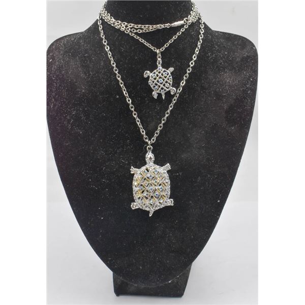 TURTLE RHINESTONE DOUBLE PENDANT NECKLACE