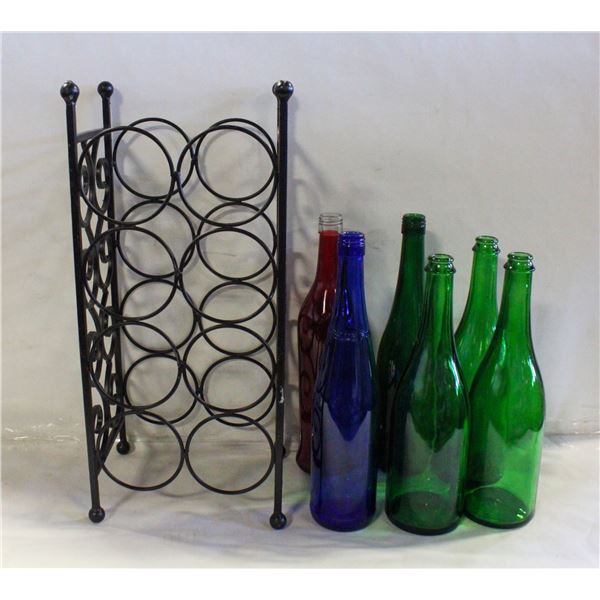 WINE RACK, BROWN METAL & 6 COLORED BOTTLES