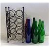 Image 1 : WINE RACK, BROWN METAL & 6 COLORED BOTTLES