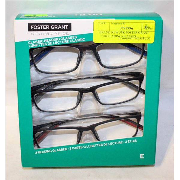 BRAND NEW 3PK FOSTER GRANT +2.00 READING GLASSES