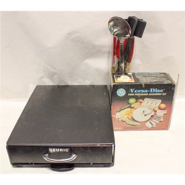 KEURIG K CUP RACK AND ASSORTED UTENSILS
