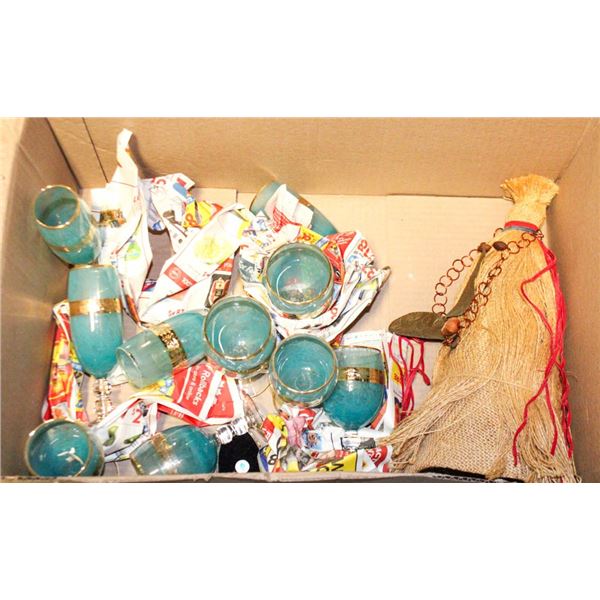 BLUE GLASSWARE & ANTIQUE BOTTLE COVER