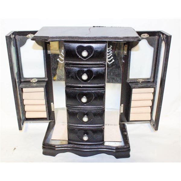 BLACK JEWLERY BOX WITH OOPEN UP DOORS