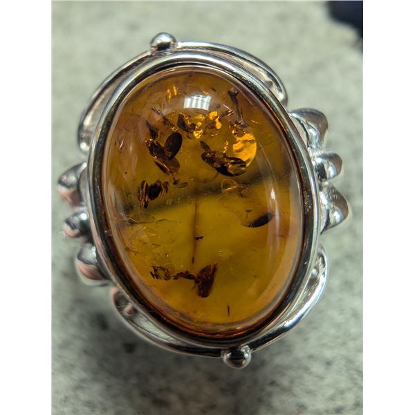 SILVER AMBER RING SIZE 6 ADJUSTABLE