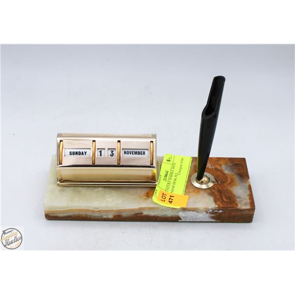 WHITE ONYX STONE BASED DESK CALENDAR PEN HOLDER