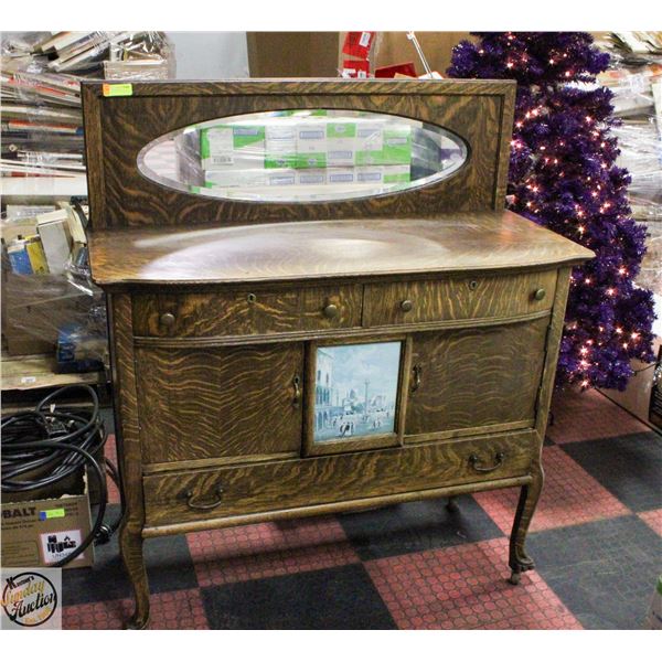 ANTIQUE TIGER OAK SIDEBOARD 54" X 21" X 16"