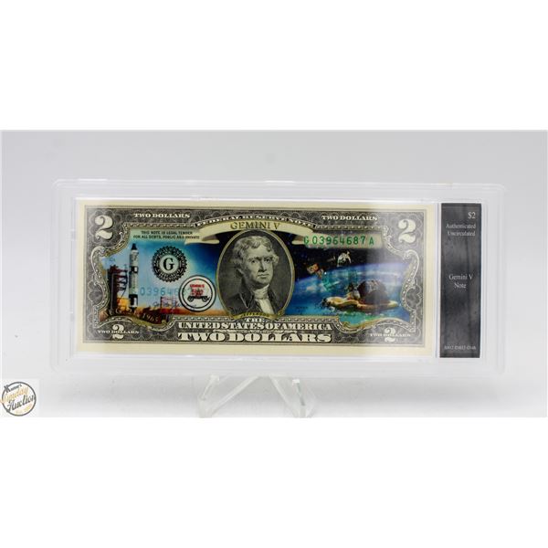 UNCIRCULATED GEMINI V $2 NOTE C/W COA+HARD CASE