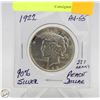 Image 1 : 1922 90% SILVER U.S. PEACE DOLLAR