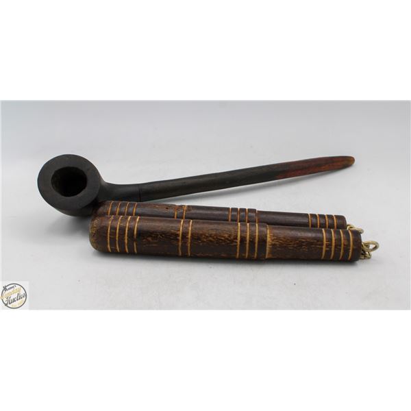 WOODEN SMOKING PIPE W/MINI SOUVENIR NUNCHUCKS