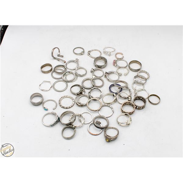 LARGE COLLECTION OF SILVER TONE RINGS VARIOUS SIZE