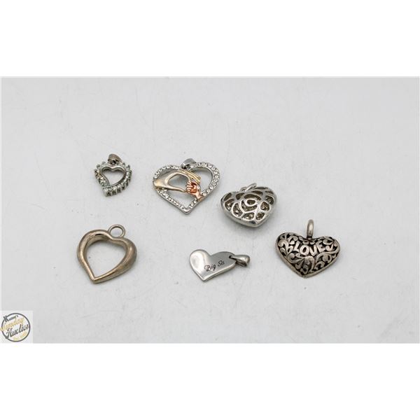 6 SILVER TONE HEART THEME PENDANTS