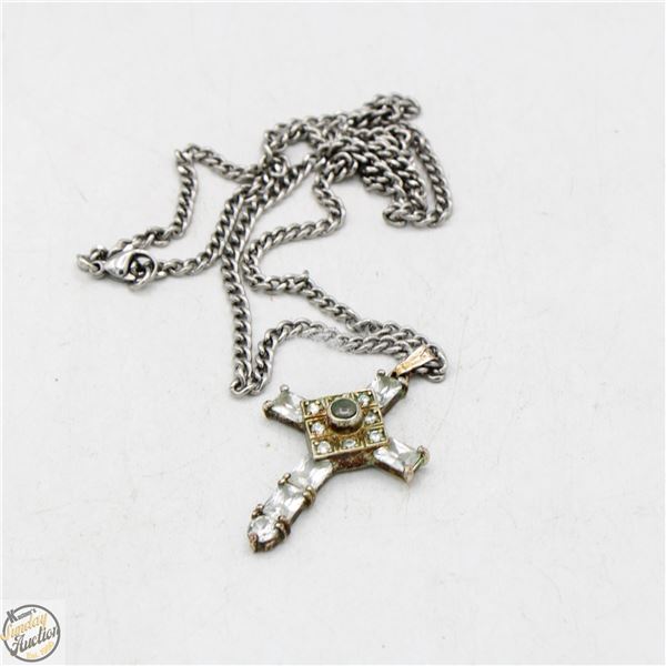 24" SILVER TONE LINK CHAIN WITH JEWELED CROSS PEN