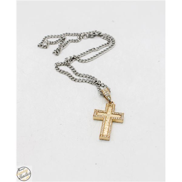 20" SILVER TONE LINK CHAIN WITH JEWELED CROSS PEN