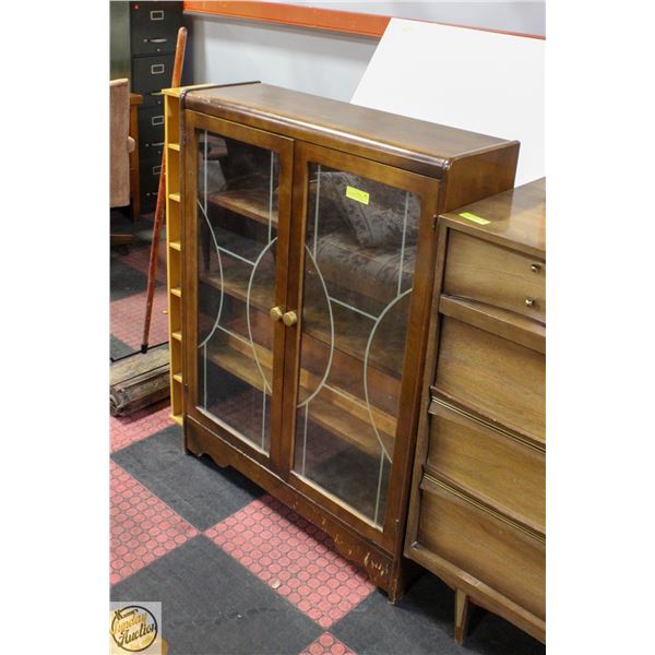 VINTAGE WOOD CABINET GLASS DOORS MULTI SHELF