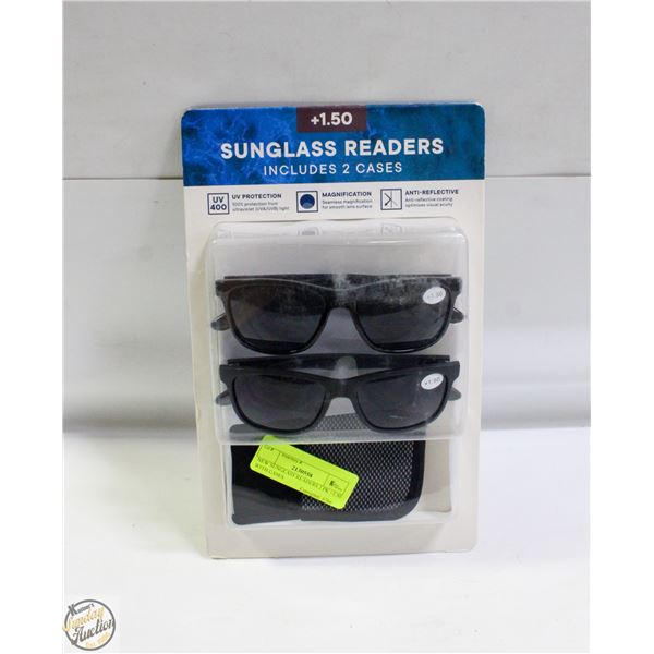 NEW SUNGLASS READERS 2 PK +1.50 WITH CASES