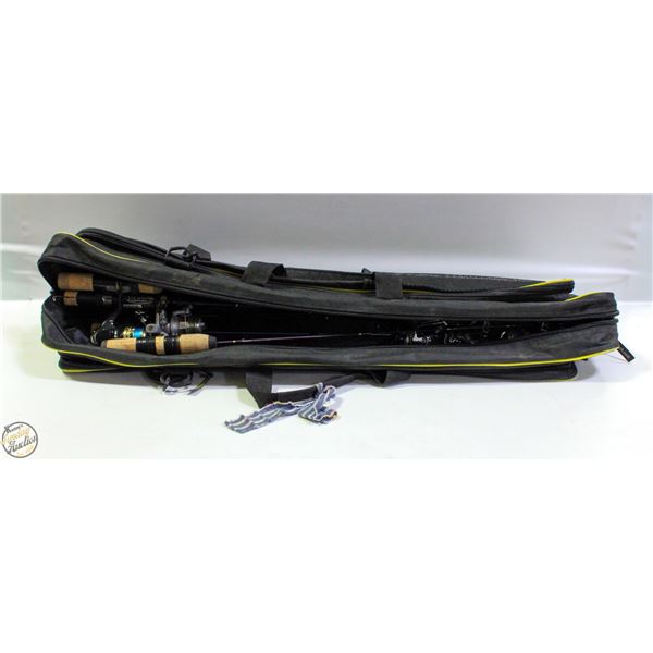 LOT OF FISHING POLES IN CARRYING CASE
