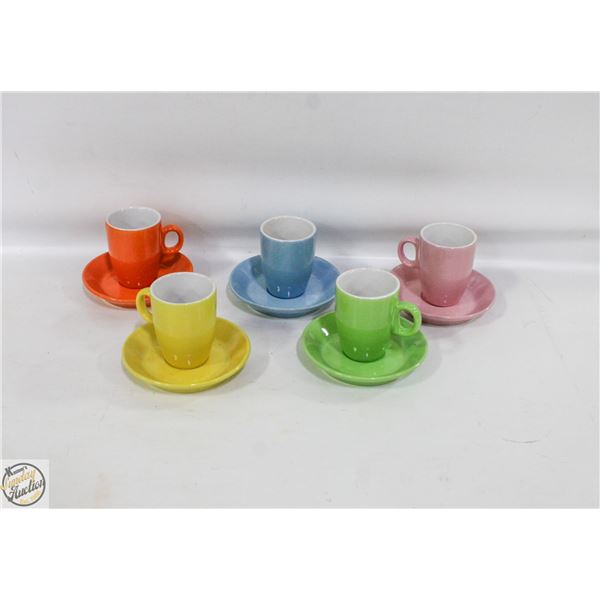 LOT OF ASSORTED COLOR ESPRESSO CUPS & PLATES