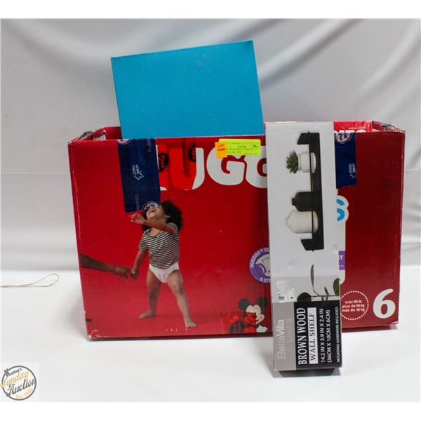 NEW WOOD SHELF 14" X 4" X 2.5" WITH LAMP, DISH