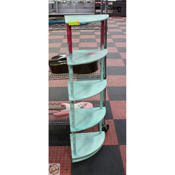 5 TIER CORNER SHELF PAINTED TEAL+PINK H-51" W-15"