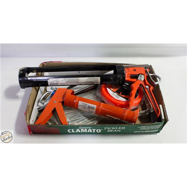 2 CAULKING GUNS, BRACKETS, LAG BOLTS, PLIERS ETC