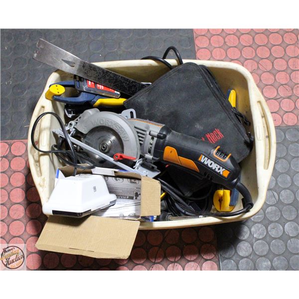 TUB OF SHOP TOOLS INCLUDES CLAMPS, SOCKET SET