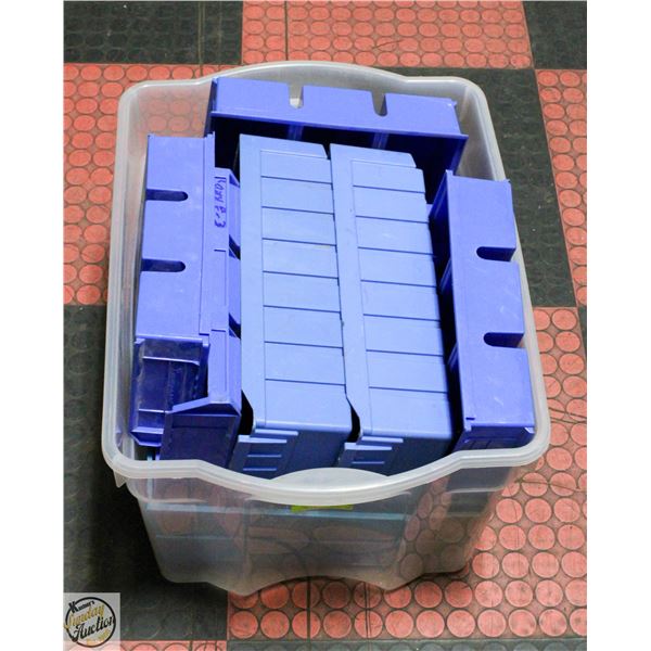 LOT OF VARIOUS LARGE BLUE BINS FOR GARAGE