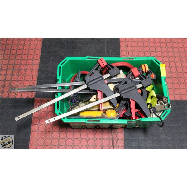 CRATE OF FURNITURE CLAMPS, RATCHET STRAPS AND MORE