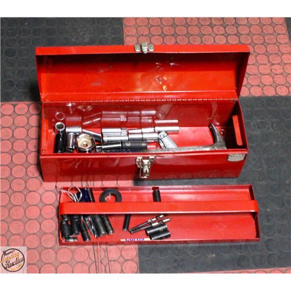 RED METAL TOOL BOX WITH VARIOUS SOCKETS