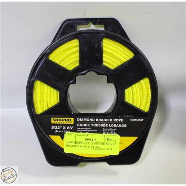 NEW SHOPRO 5/32 X 66FT DIAMOND BRAIDED ROPE YELLOW
