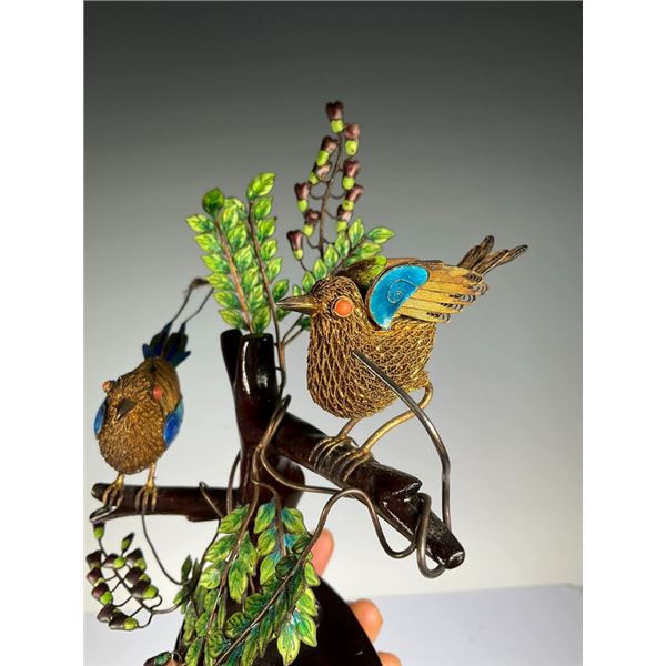 Sterling Silver Cloisonné Bird and Tree Ornament